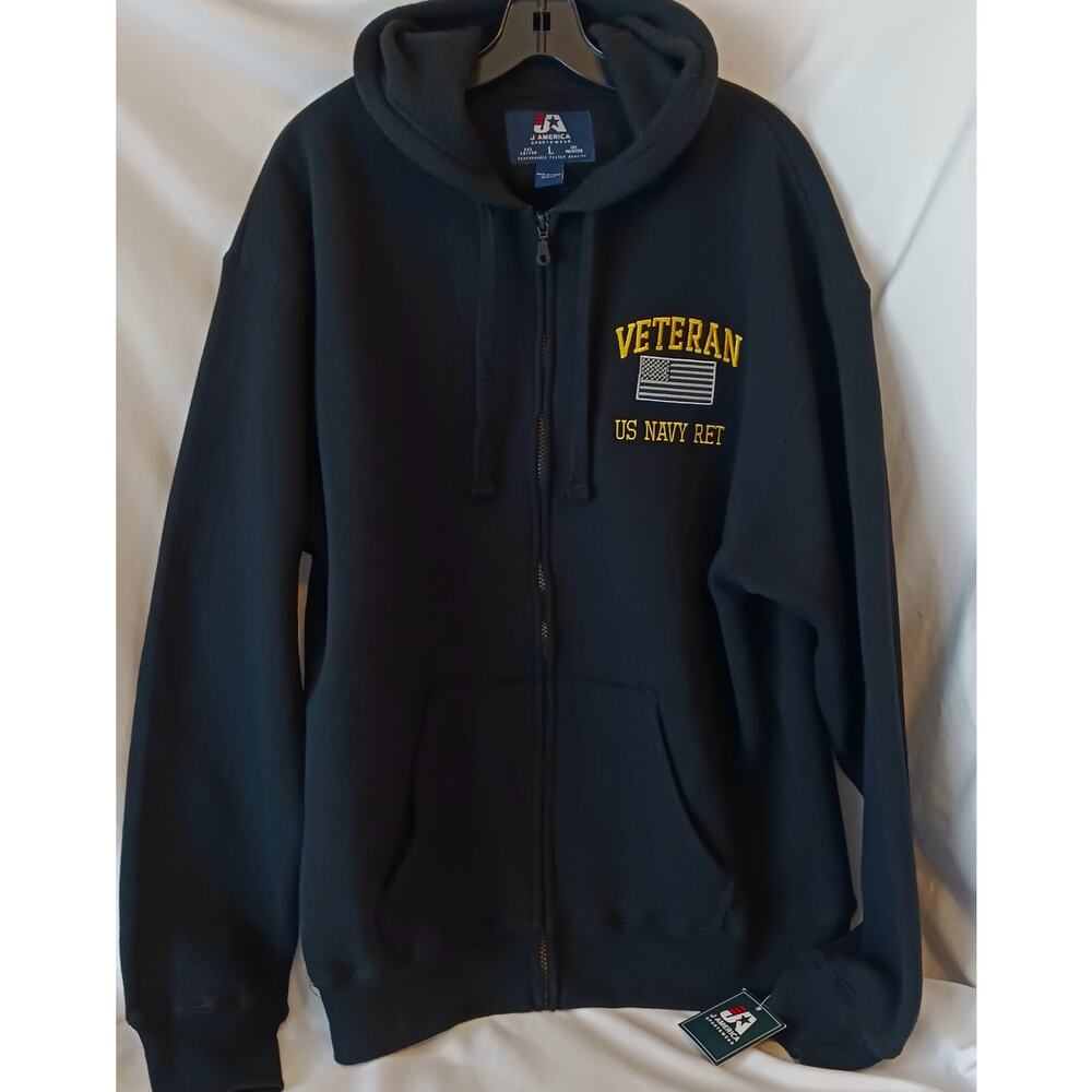 J. America Full Zip Hoodie Black U.S. Navy Retired Veteran Flag Embroidered NWT